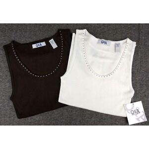 Q&A Ribbed‎ Tank Top Studded Set of 2 Dark Brown & White Women's M NEW NWT
